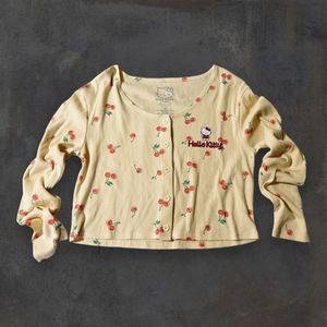 Hello Kitty Long Sleeve Top Yellow Red Cropped Cherry Kawaii Button Up‎ Medium